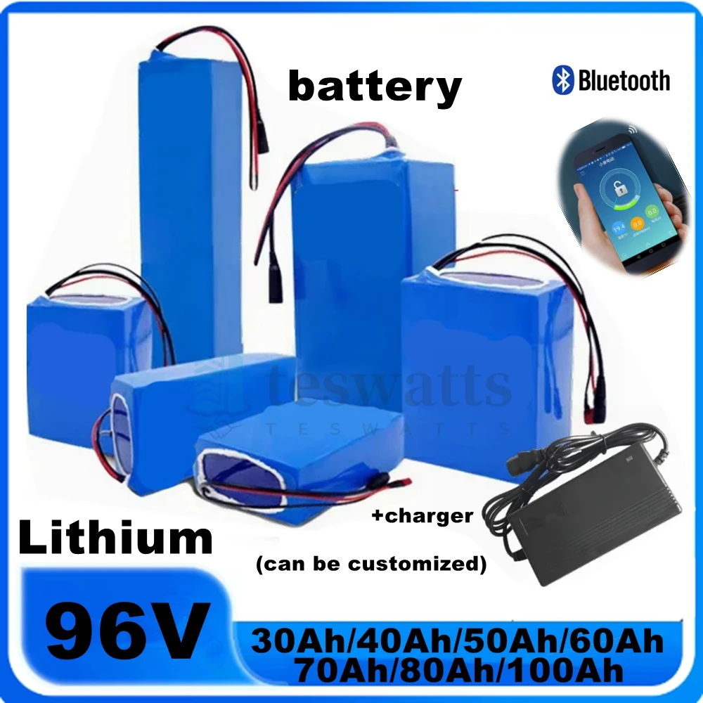 Batterie lithium-ion 96V, 50Ah, 80Ah, 100Ah, 30Ah, 40Ah, Bluetooth, BMS, 5000W, pour moteur, robot, scooter, moto, AGV + cha