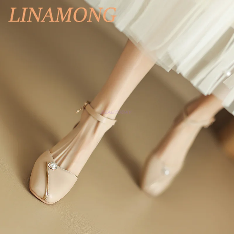 

Flat Toe Sandals Square Toe and Fashionable Pearl Decoration Ankle Buckle Design Thick Heel Fairy Style French Single Shoe