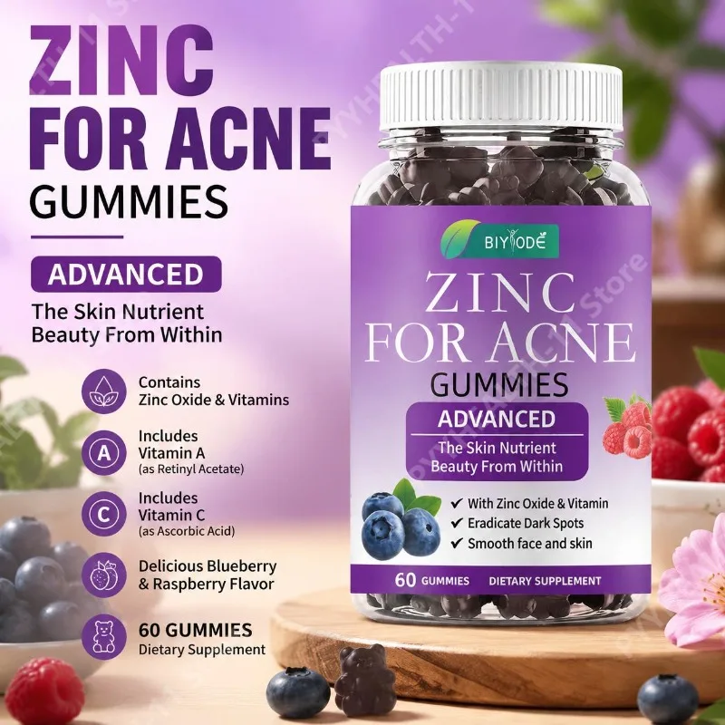 BIYODE Zinc Gummies with Zinc Oxide and Vitamin A and Vitamin C, Advanced Skin Nutrient Blueberry Raspberry Flavored, 60 Gummies