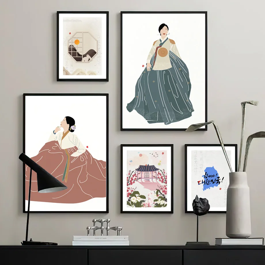 Korean Style Boho Hanbok Girl Asian Wall Art Aesthetics Print Canvas Painting Posters for Living Room Modern Home Decor