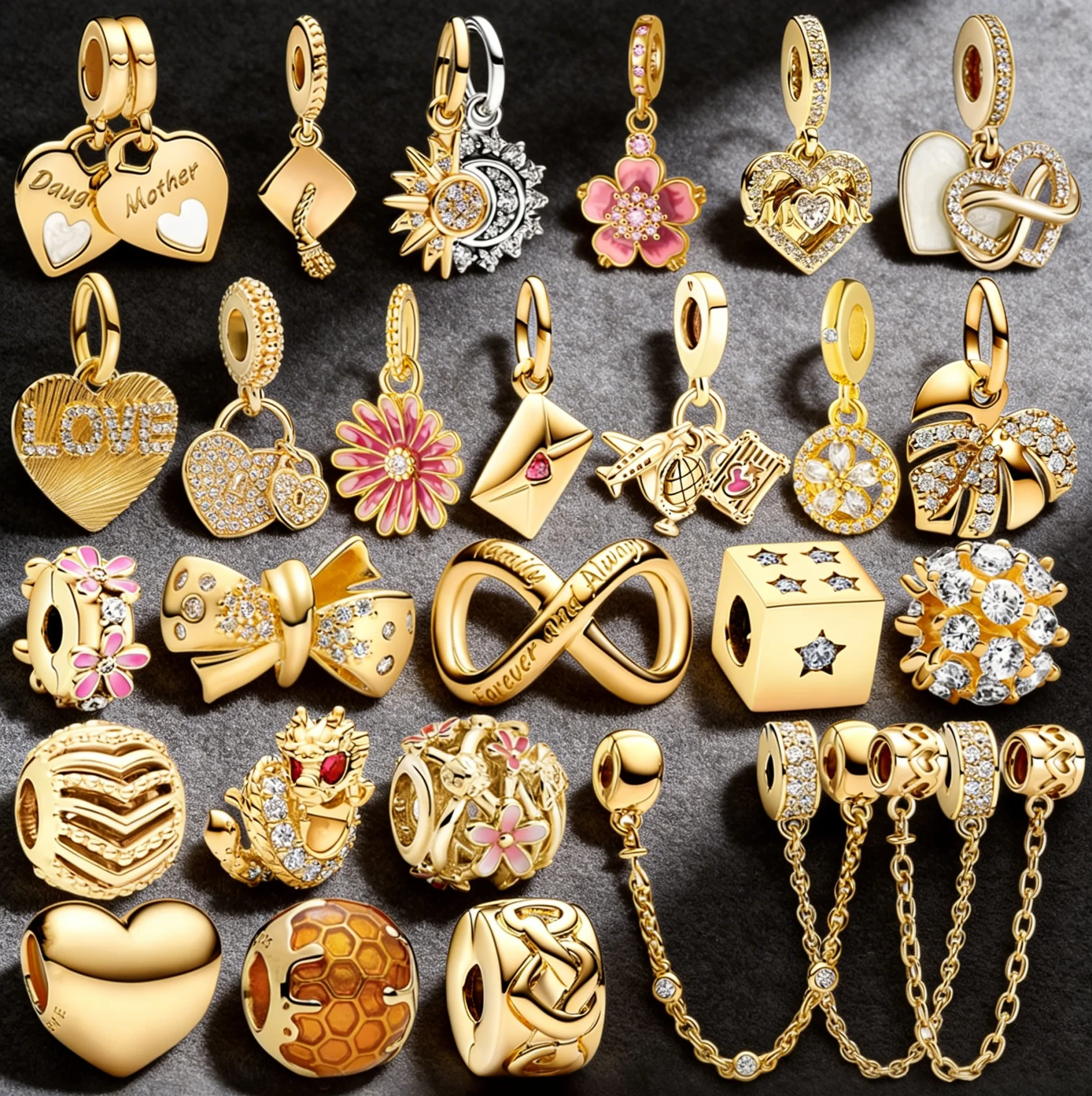 

2026 NEW Sparking Gold Plated Round Charm Beads Clip Fit Original Silver Bracelet DIY Jewelry Gift Bow Double Heart Split Dangle