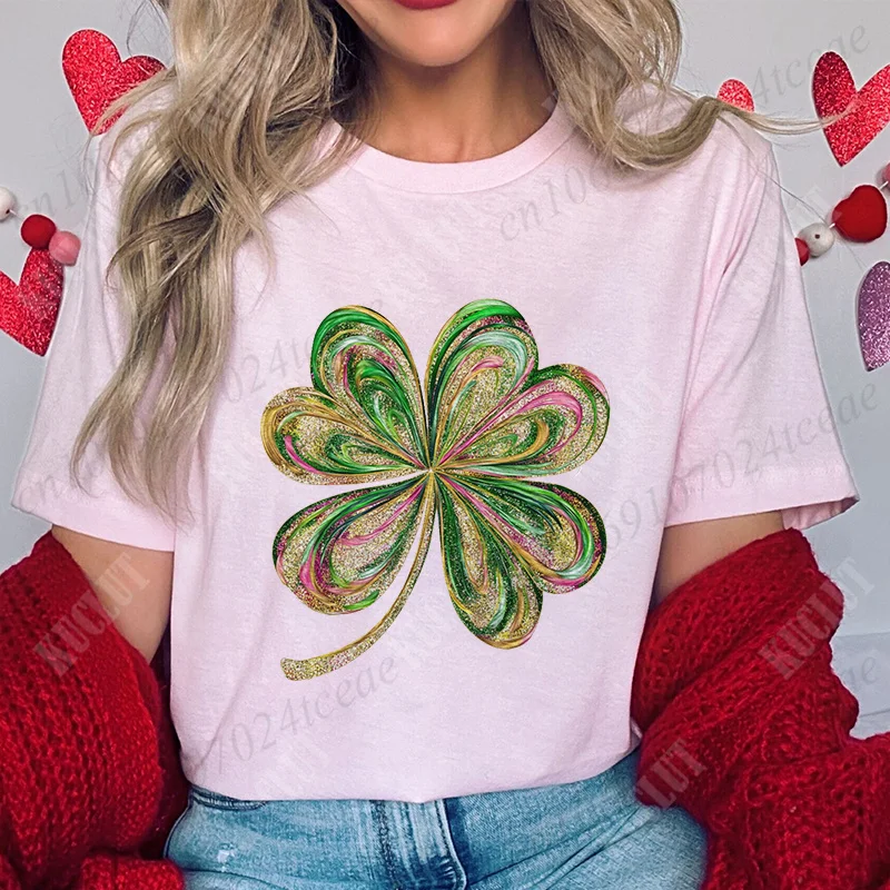 St. Patrick's Day Glitter Shamrock T-shirt for Women Clothing 2025 Fashion Lucky Graphic Tops Harajuku Short Sleeve Female Tees