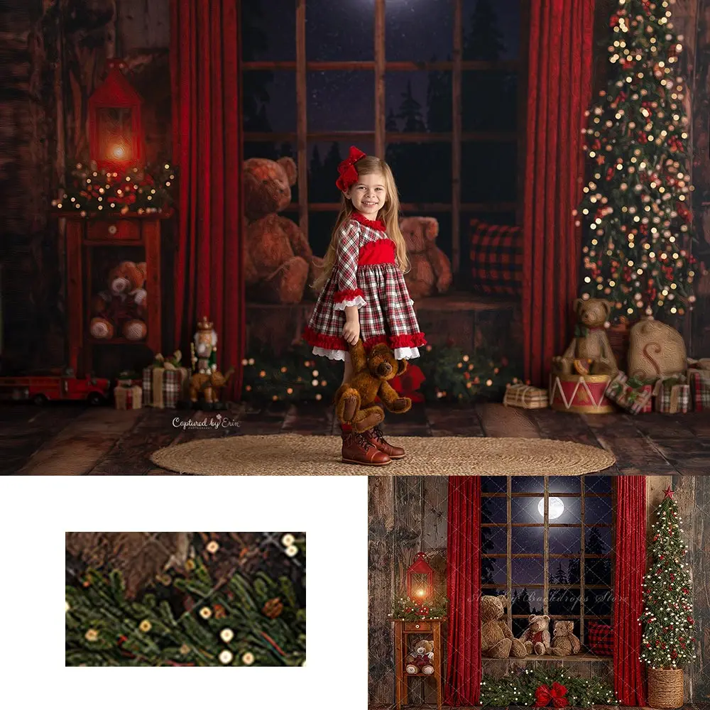 Cozy Beary Christmas View Backdrop Kids Baby Cake Smash Photography Props Window Bear Child Adult Birthday Studio Backgrounds