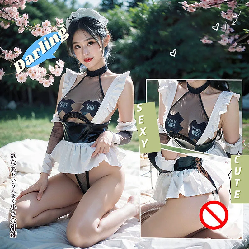 

Anime Sexy Maid Cosplay Costume Sexy Open Crotch Bodysuit Apron Transparent Sweet Dress Lace Babydoll Clothing Halloween Costume