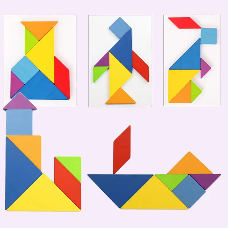 Kayu Tangram Montessori Pola Hewan Jigsaw Puzzle Warna-warni Anak Pendidikan Dini Menyortir Permainan Mainan Anak-anak Hadiah