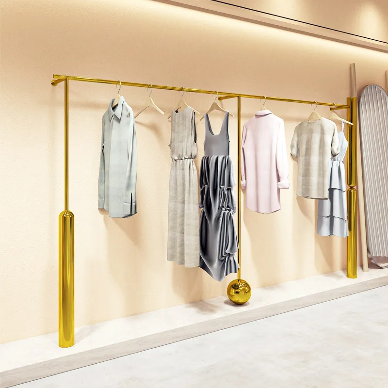 Clothing store display rack stainless steel brushed titanium wall hanger women's clothing display rack