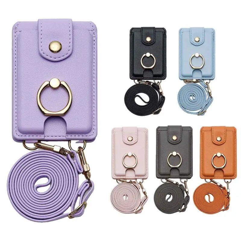 Card Holder For Back Of Phone PU Leather Phone Case With Ring Grip Credit Card Sleeve Pocket Adhesive Cell Phone Pouch Stick-On