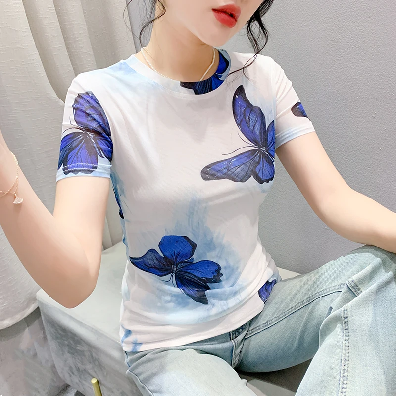 2024 New Arrival Female High Street Knitted Charming T-shirt Spring Summer Printed Butterfly Woman S-4XL O-neck Short Sleeves