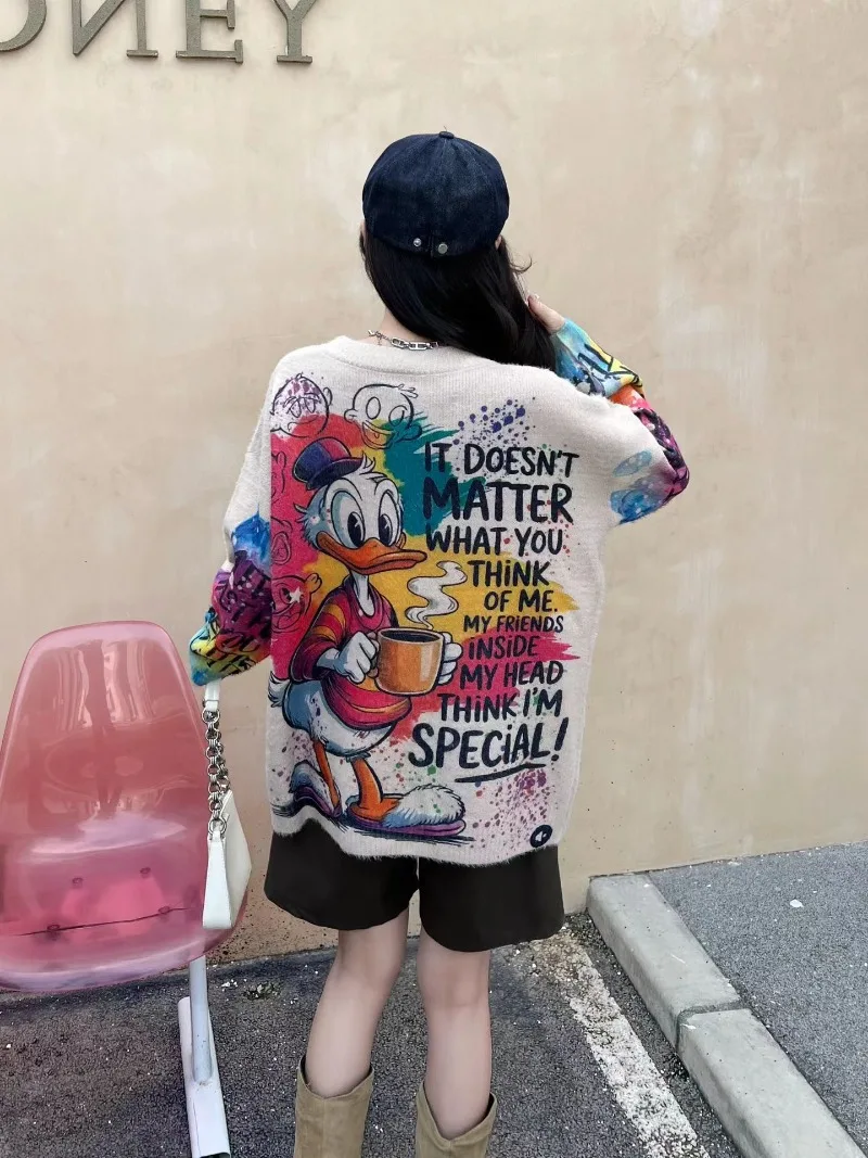 الكرتون طباعة طويلة الأكمام س الرقبة محبوك سترة للنساء الخريف بلوفر شتوي فضفاض المتضخم التخسيس تريكو ملابس خارجية