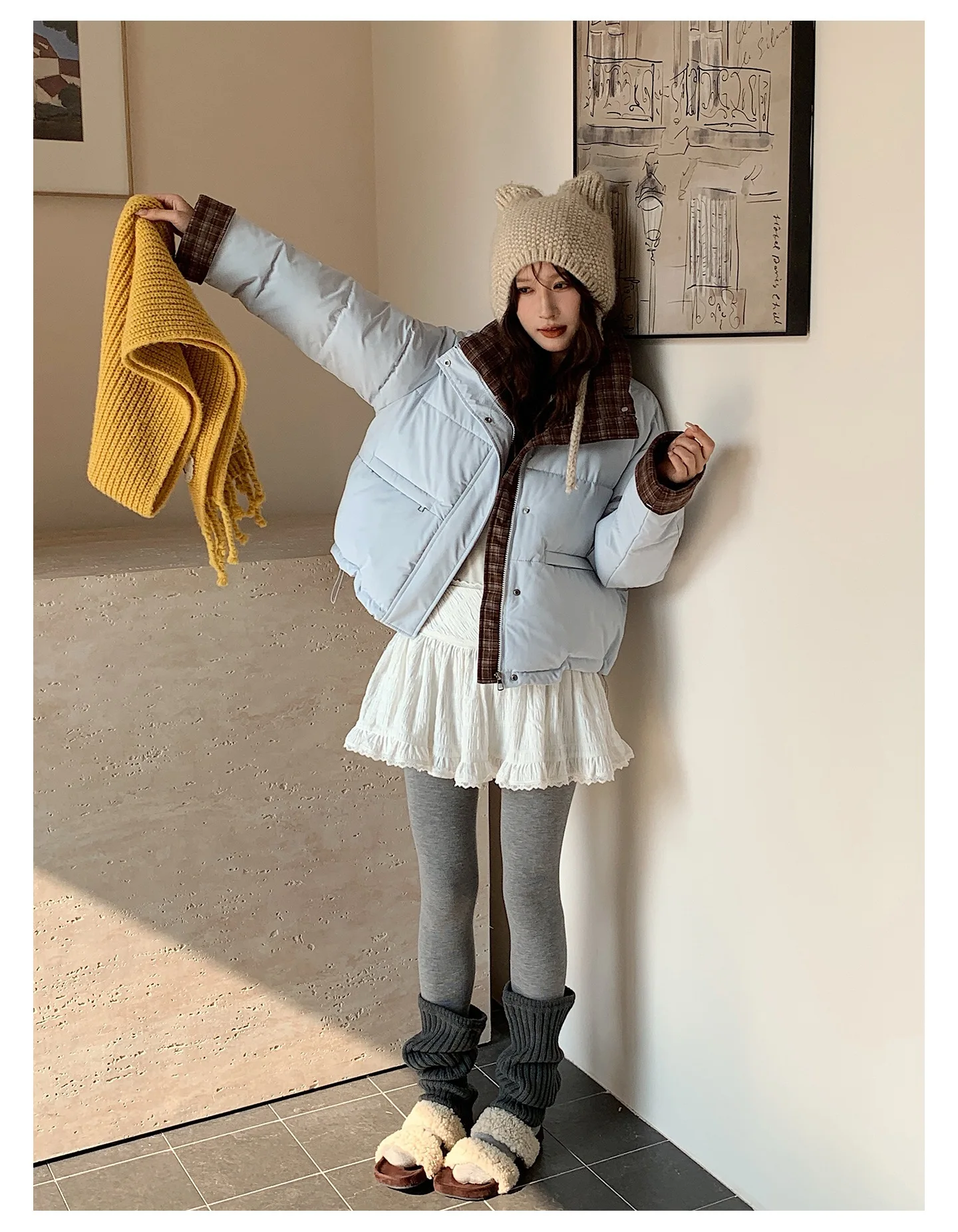 American Plaid Patchwork Puffer Jacket Women Winter Thick Stand Collar Short Parkas Woman Korean Casual Preppy Style Outerwear