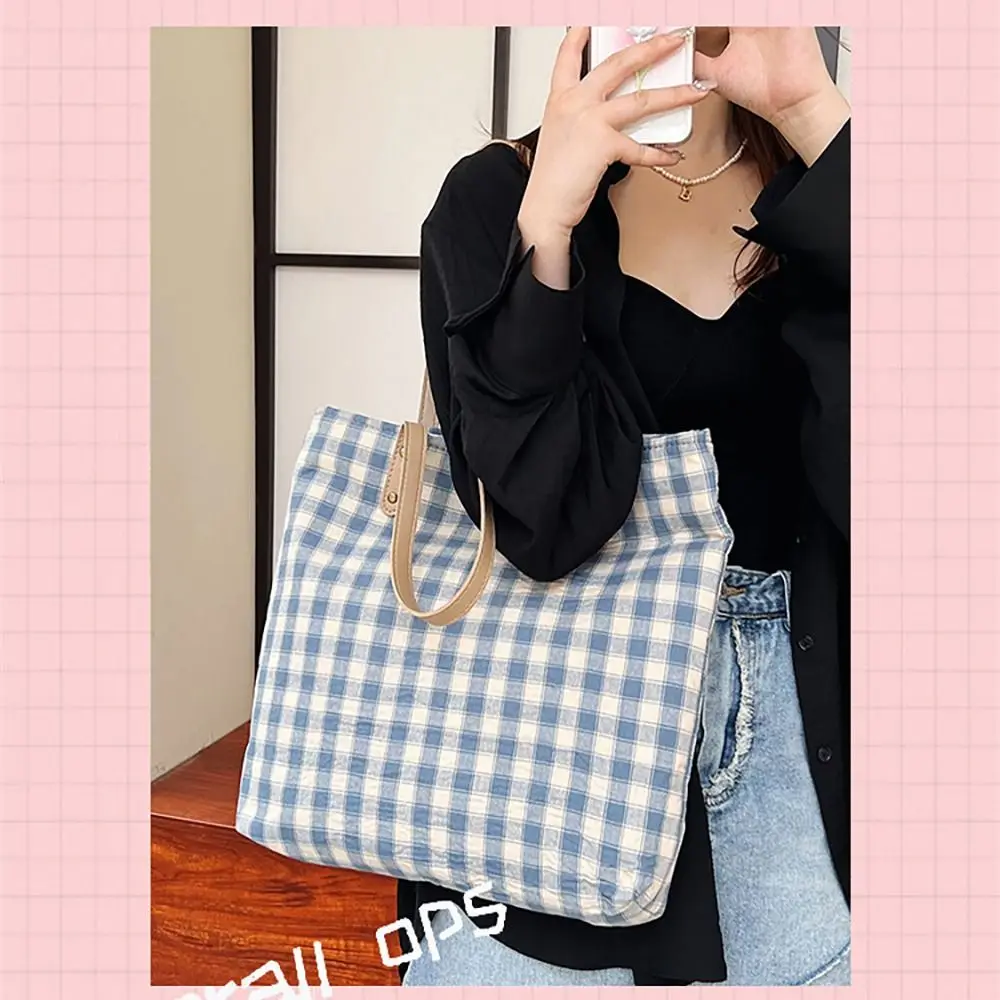 Canvas Tote Bag Gingham Plaid Reusable Grocery Handbag Shoulder Bag for Travel, Shopping, Weekend, Holiday Birthday Gift