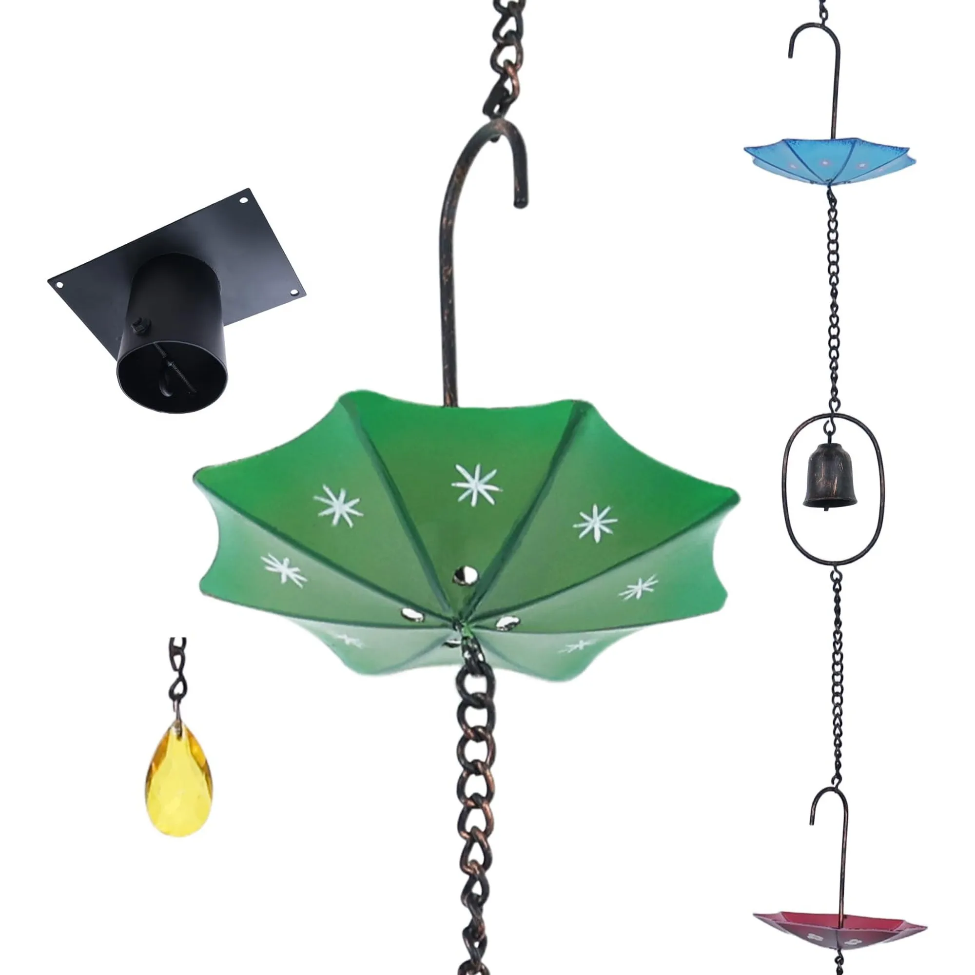 8.5 ft Metal Rain Chain with 6 Umbrellas 6 Bells, Includes Adapter & Stake, Outdoor Gutter Replacement for Eaves Garden Drainage