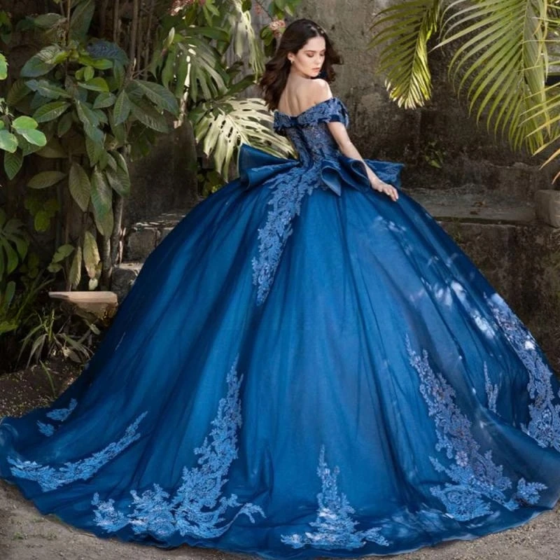 Vestido de quinceañera azul con hombros descubiertos, traje de baile de graduación de princesa, dulce vestido de cumpleaños de Miss 16 XV años, desfile mexicano, nuevo, 2024