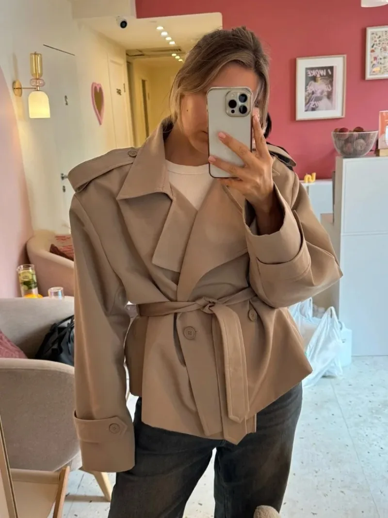 

Однотонная ветровка на шнуровке для женщин, модная, с длинными рукавами, широкими плечами, укороченная, свободного кроя, новая осенняя уличная верхняя одежда для повседневной носки