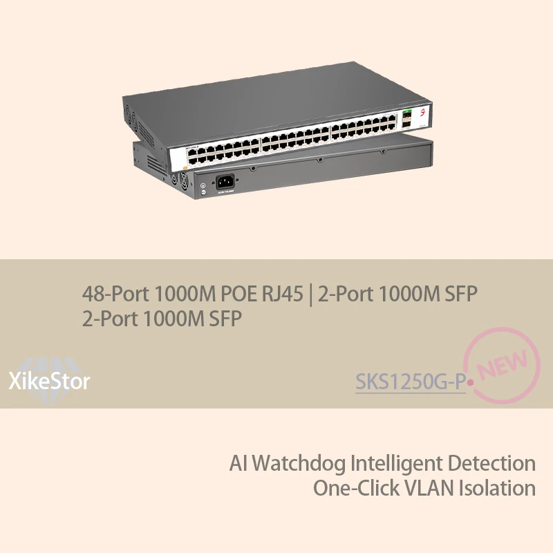 

XikeStor Неуправляемый POE 48-портовый 1000M POE RJ45 2-портовый 1000M SFP AI Watchdog Интеллектуальное обнаружение Изоляция VLAN в один клик