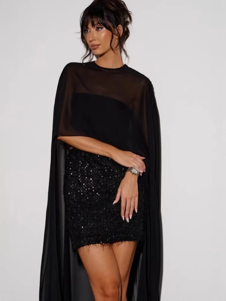 Long Chiffon Cape Blouse Elegant High Low Solid Color Sheer Cover Up Top For Women O Neck Party Dress Shawl Cloak Summer 140cm
