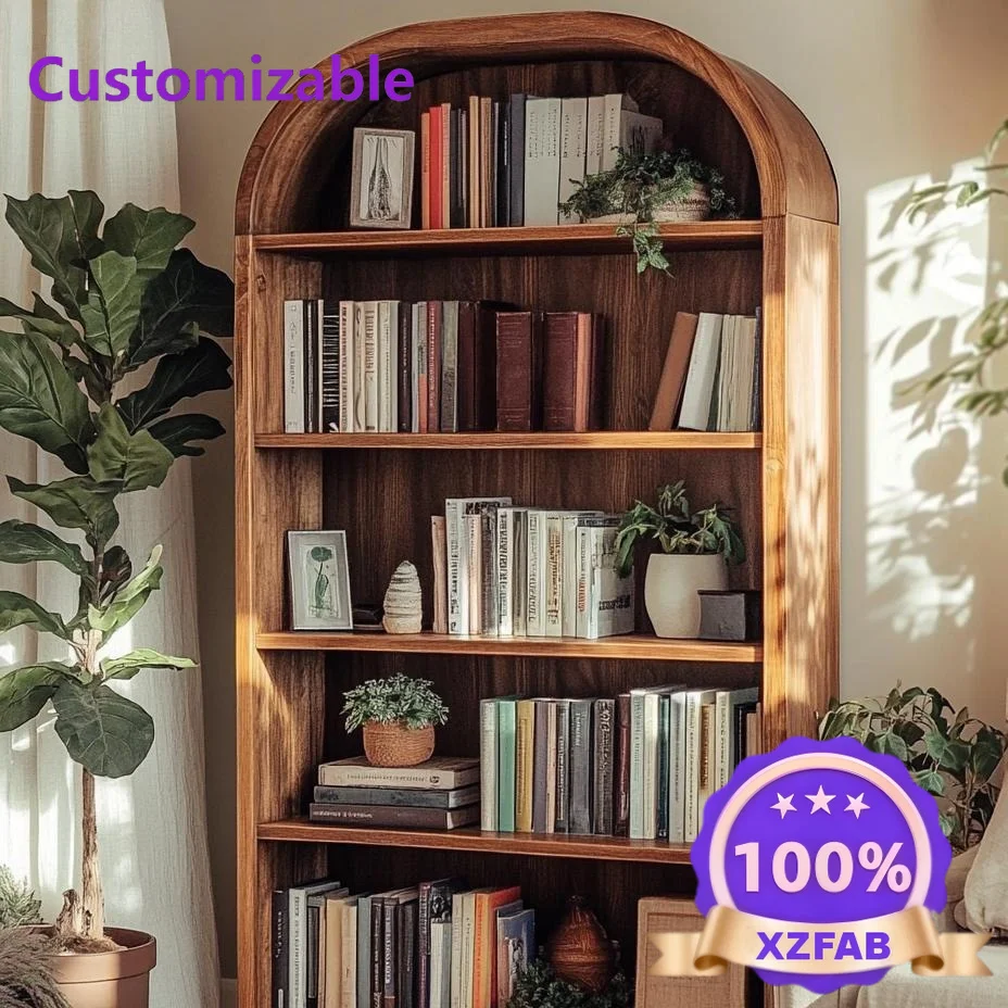 Factory Direct 2026 Home Solid Wood Living Room Display Cabinet Library Bookcase Vintage American Country Arched Bookshelf Open