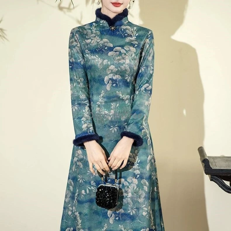 

2025 winter new thicken quilted cotton qipao chinese style vintage improved elegant cheongsam classical temperament qipao dress