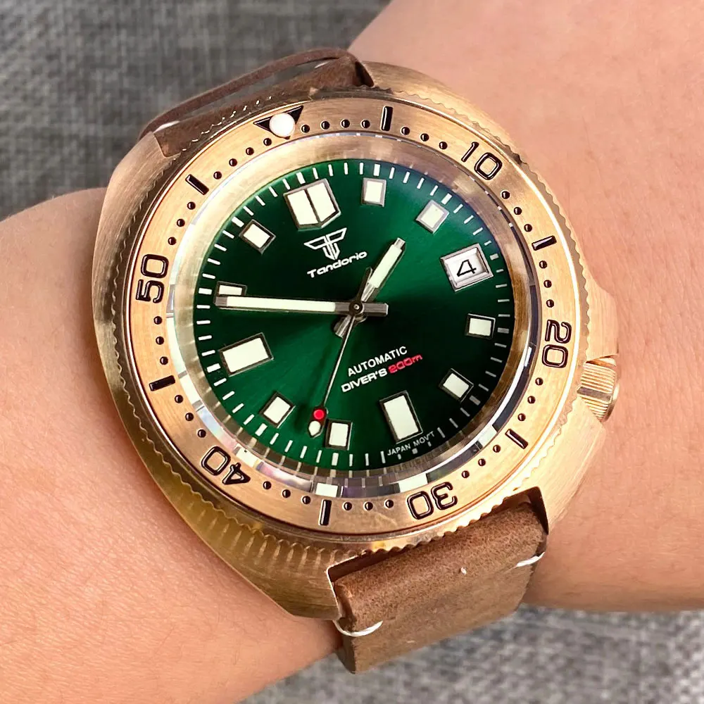 Real Bronze Turtle Dive Mechanical Watch NH35 Movement Sunburst Green Dial Waterproof Wristwatch Reloj Hombre Green Lume