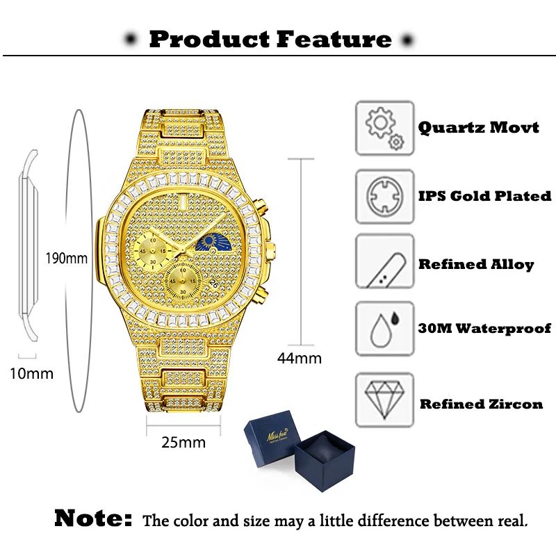 MISSFOX Luxury Iced Watch For Men Fashion Moon Phase Quartz Wristwatch Man Hip Hop Square Diamond AAA Clocks Reloj Free Shipping