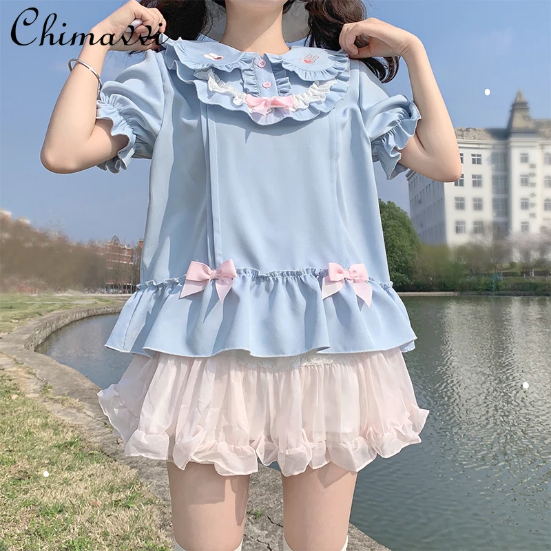 Original Japanese Sweet Cute Girl Embroidery Lolita Rabbit Ears Blouse 2024 Summer Short-sleeved Loose Student Kawaii Shirt Top