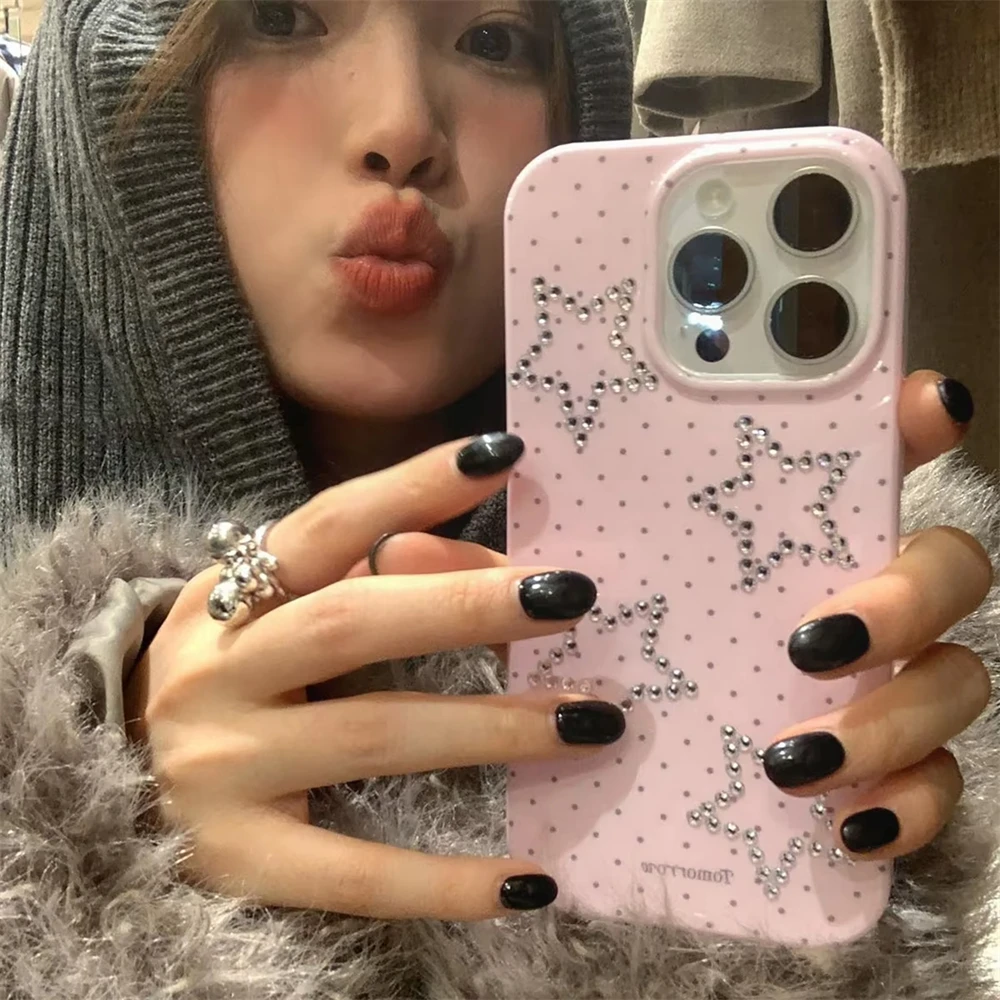 Korean Y2K Chic Glitter Rhinestone Star Phone Case For iPhone 16 15 14 13 Pro Max Cute Polka Dot Cover Stylish Girl Shell