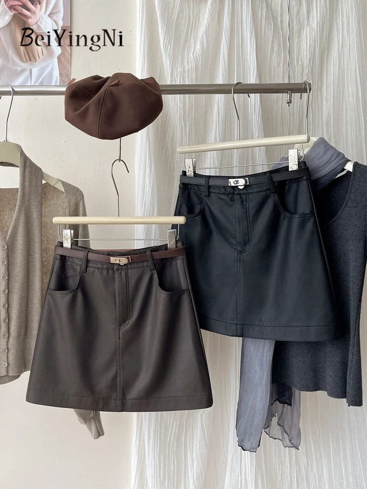 Beiyingni Autumn Winter PU Leather Mini Skirts Women New Fashion Casual High Waist Skirt Office Ladies Black A-line Short Faldas