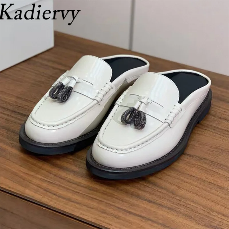 

Genuine Leather Slippers Women Fringe String Bead Mules Shoes Round Toe Casual Flat Shoes Ladies Comfort Loafers Woman