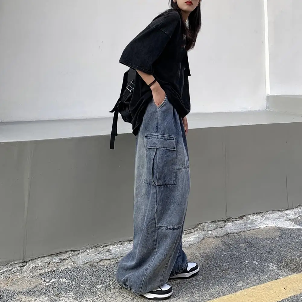

Hop Jeans Retro Washed Wide Leg Jeans with Drawstring Waist Side Pockets Unisex High Street Hop Streetwear Trousers Vintage