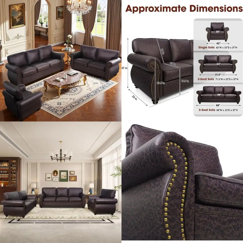 

Комплект диванов из коричневой кожи в винтажном стиле: одноместный, двухместный и трехместный диваны с декоративными заклепками.