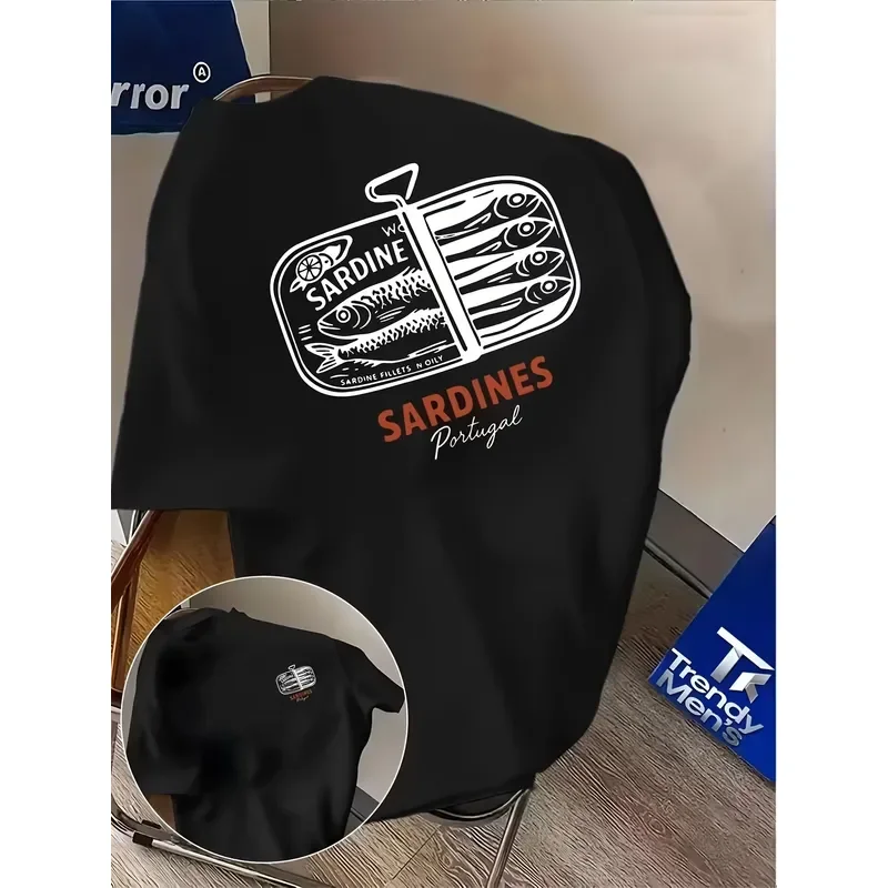 Portuguese Sardine Canned Food Retro Print Summer Cuisine-themed Loose Comfortable Short-sleeved T-shirt for Men Fashion
