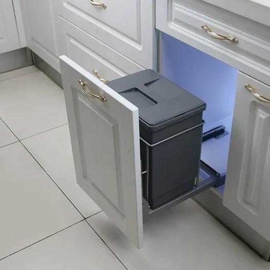 Recessed Pull-Out Kitchen Trash Can with Lid Tall Narrow Hidden Sorting Bin Cabinet Built-In Storage Basket