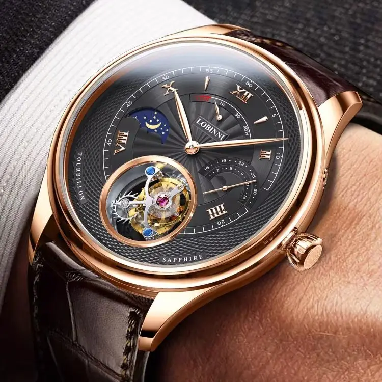 LOBINNI Men Tourbillon Watch Luxury 42mm Manual Winding Mechanical Wristwatch Sapphire Mirror Power Reserve Date Day-Night Dial