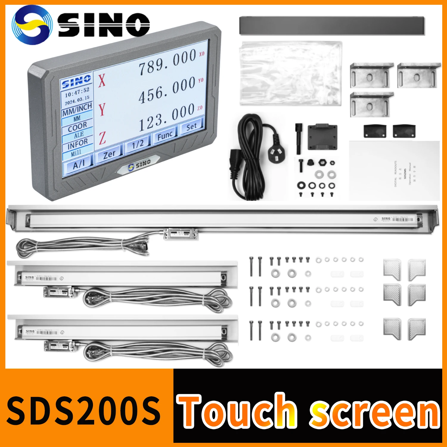 SINO SDS200S DRO Kit 3-Axis 2-Axis Touch Screen LCD Digital Readout 0.005mm With KA35 Glass Linear Scale Encoders For Lathe