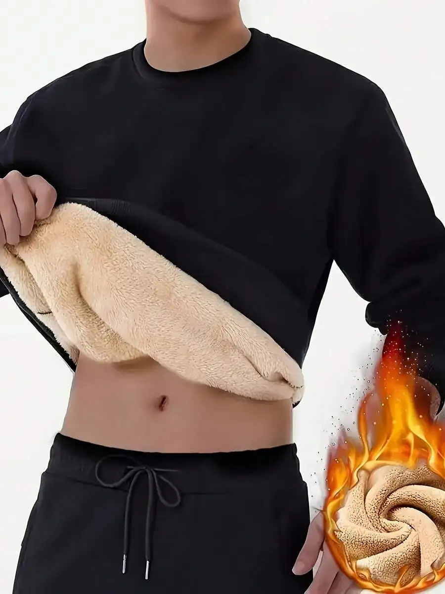 

Мужская черная однотонная толстовка с термоизоляцией и круглым вырезом для холодной погоды