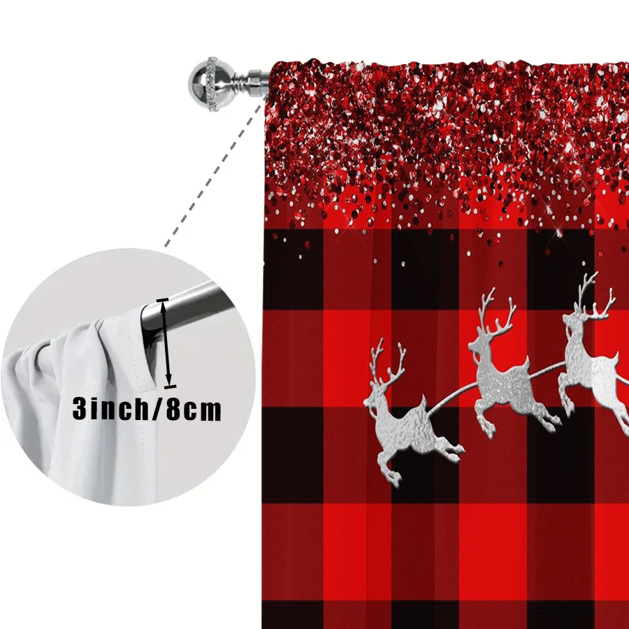 2PCS Red Black Plaid Christmas Curtains, Silver Reindeer Sleigh Glitter Pattern, Buffalo Check Holiday Window Drapes for Bedroom