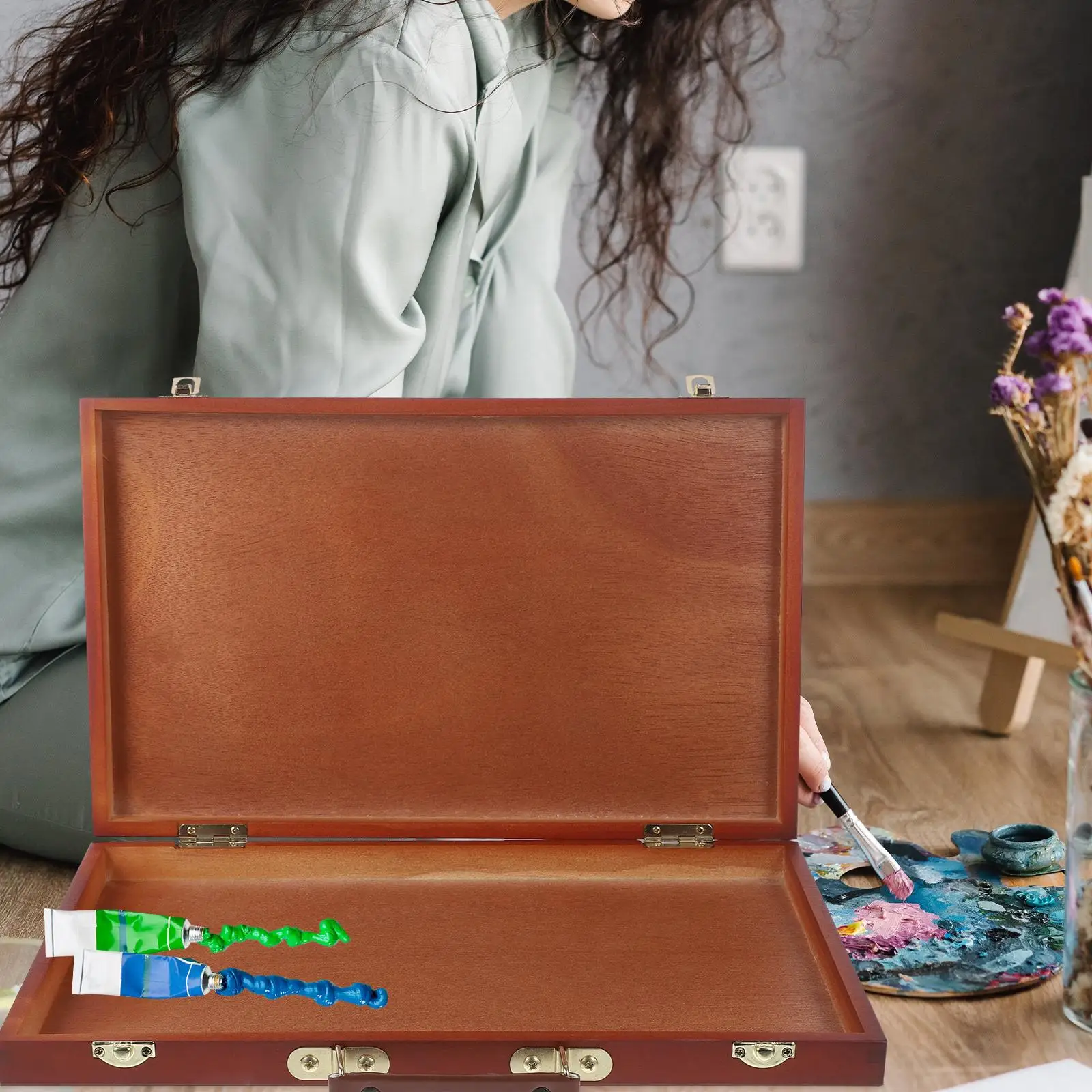 Easel Oil Painting Box Table Top Wooden Pigment Empty Container Tool Kit Drawing Case Travel