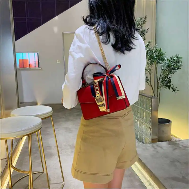 Women\'s Fashion PU Chain Handbag Female Korean Trend Silk Scarf Shoulder Messenger Bag Ladies All-match Casual Small Square Bag