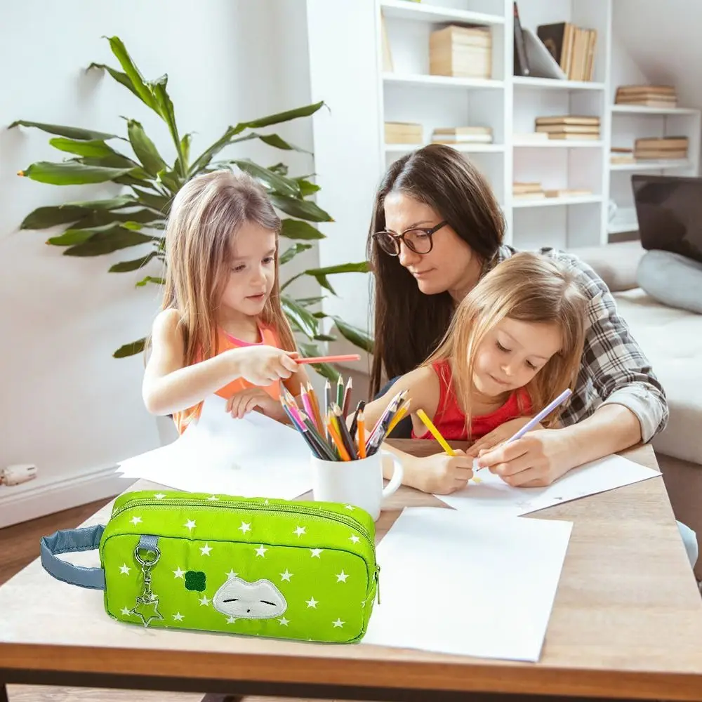 Borsa per penne verde Astuccio per matite portatile di grande capacità Borsa per riporre articoli di cancelleria con motivo a stella e gattino per studenti