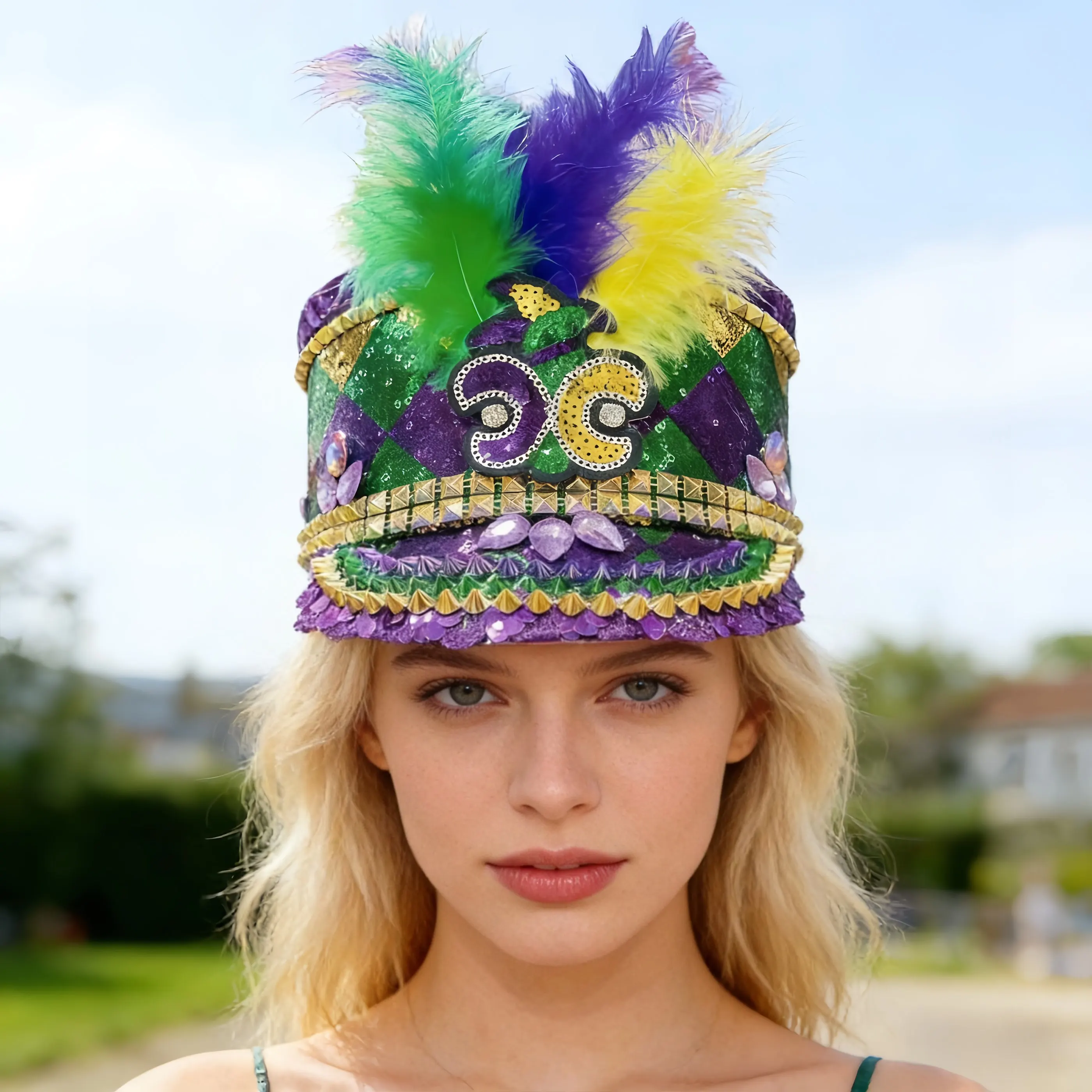 Carnival Bucket Hat Grenn and Purple Top Hat Rhinestone Rivet Chicken Feather Carnival  Top Hat Jazz Stage Hat Halloween Hat