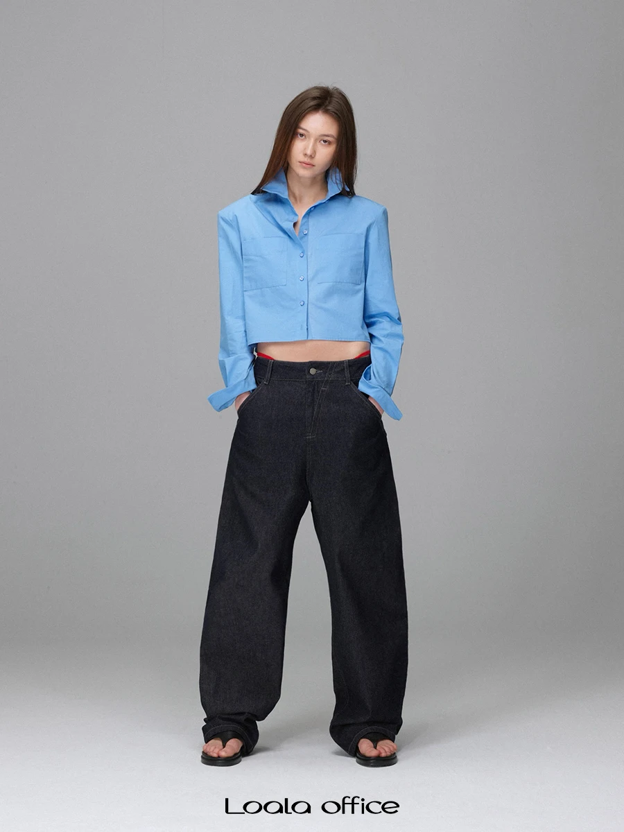 

Loala Office Retro Denim Classic Original Color mid High Waist Jeans Casual Style Zipper Wide Leg Pants for Young Women
