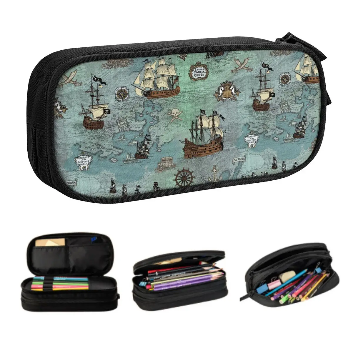 Custom Pirate Map Nautical Sea Print Cute Pencil Cases Girl Boy Large Storage Skull Sailor Pencil Pouch Students Stationery