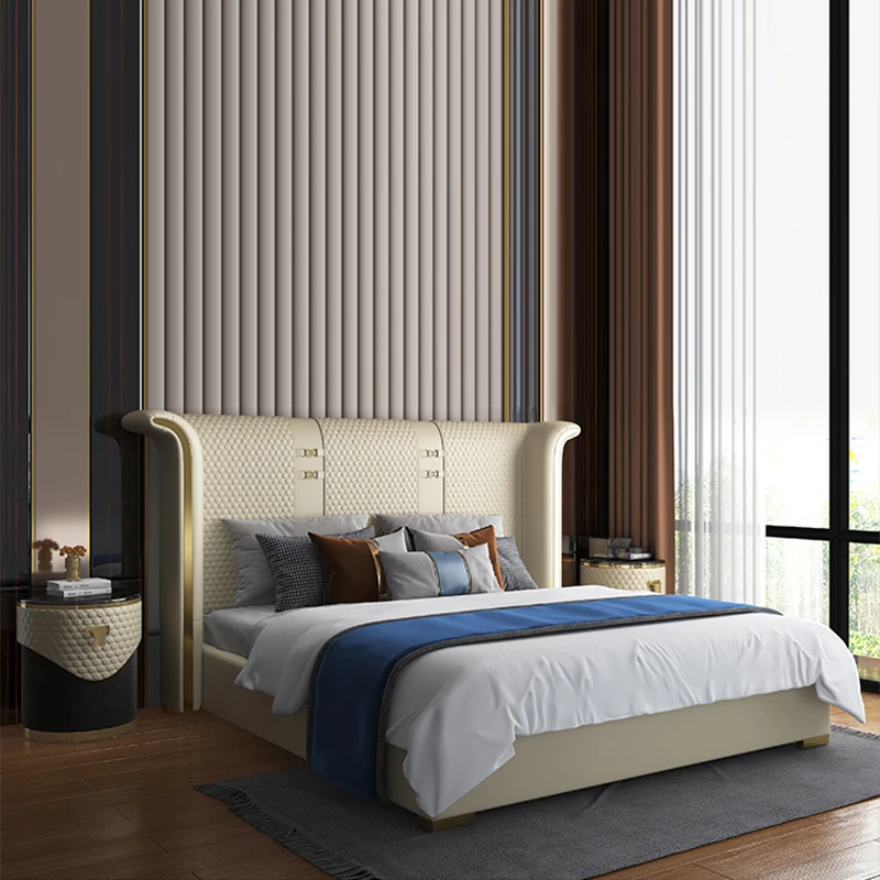 

Современная роскошная двуспальная мебель для спальни, отельная кровать размера «king-size» с кожаным хранилищем, каркас кровати размера «queen-size», кобурированные кровати