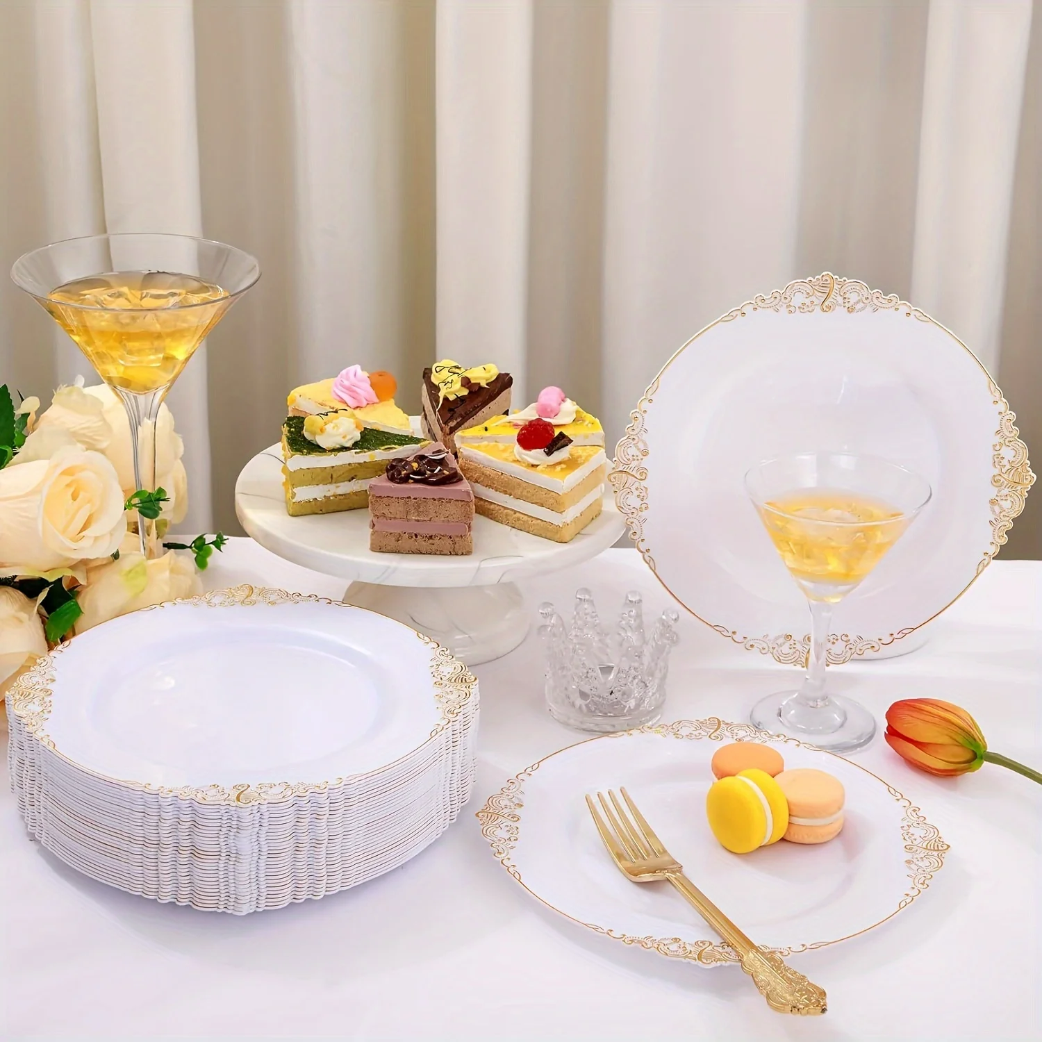 25pcs, 7.5-inch, 10.25-inch elegant gold-plated plastic plates - suitable for weddings, birthdays, Thanksgiving, and parties - i