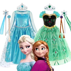 Disney Kids Cosplay Elsa Anna Princess Dress Girls Mesh Ball Gown Halloween Carnival Birthday Clothes Snow Queen Frozen Costume