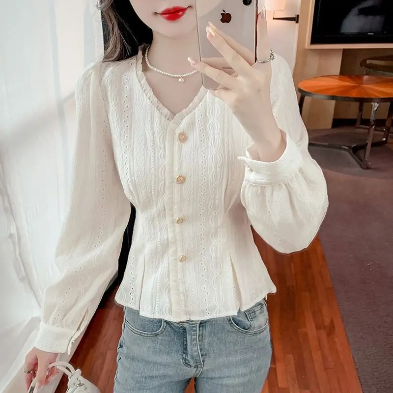 Autumn Long Sleeve Pullover Blouse V-neck Patchwork Ruffles Button Slim Fit Solid Colors Folds Fashion Casual Women\'s Shirts