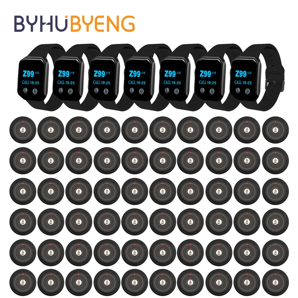 BYHUBYENG 60pcs Calling Bell Buttons + 7 Waiter Wrist Watchs Receiver Wireless Calling Systems For Restaurant Hotel Food Truck