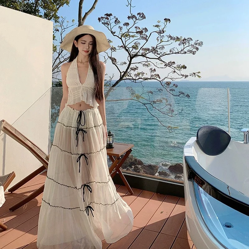 

French Style Black Lace-up Bikini Set Halter Neck Crochet Cover Up Skirt Sexy Swimwear for Sanya Thailand Beach Vacation