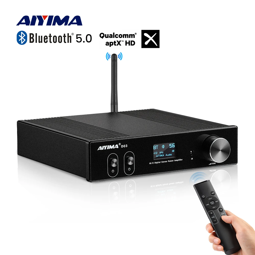 AIYIMA D03 Bluetooth Amplifier 150Wx2 Stereo HiFi Sound Amplificador Subwoofer Amplifier USB DAC OLED APTX-HD DIY 2.1 Home Audio