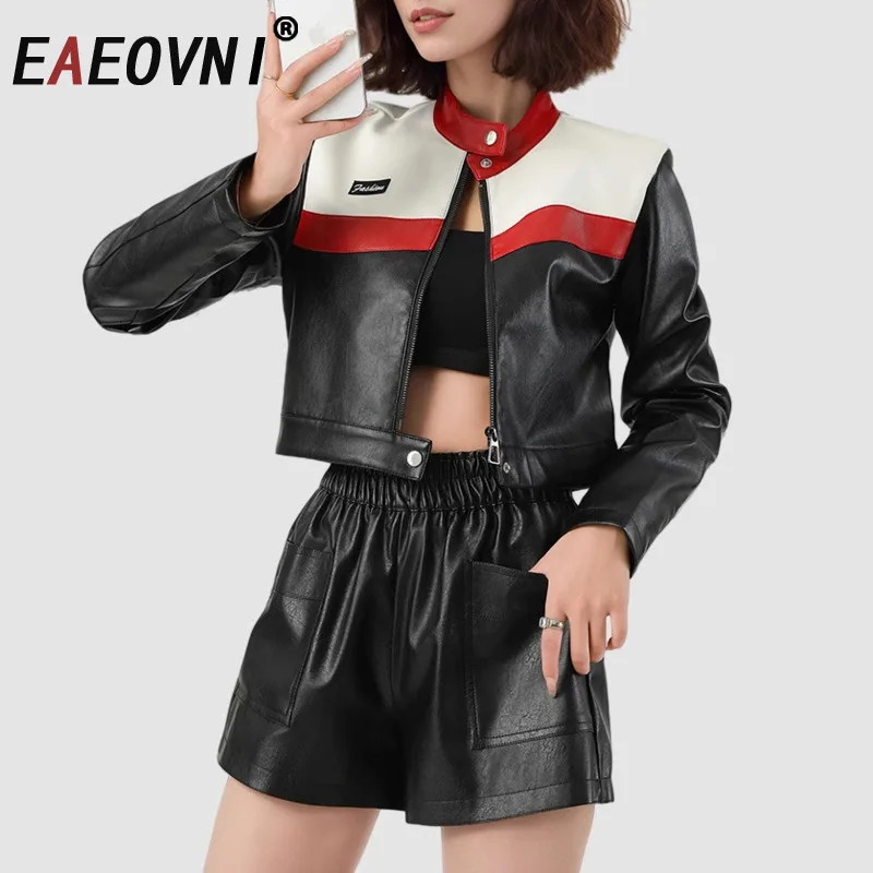 Eeonovni streetwear motocicleta jaqueta curta feminina de couro moda contraste cor gola manga longa casaco 2026 primavera novo